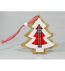 Χριστουγεννιάτικο Κρεμαστό Στολίδι Ξύλινο Δέντρο με Κόκκινο Καρό Ύφασμα