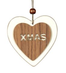 Χριστουγεννιάτικο Κρεμαστό Ξύλινο Στολίδι, Καρδιά "XMAS" Καφέ (8cm)