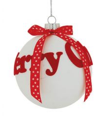Χριστουγεννιάτικη Γυάλινη Μπάλα Λευκή, με Κόκκινο Στολισμό (8cm)