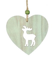 Χριστουγεννιάτικο Κρεμαστό Ξυλινό Στολίδι Καρδιά με Τάρανδο Πράσινο (10cm)