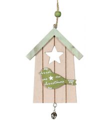 Χριστουγεννιάτικο Κρεμαστό Ξύλινο Στολίδι Σπιτάκι Μπεζ, με Πουλάκι (15cm)