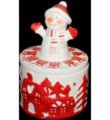 Χριστουγεννιάτικη Μπισκοτιέρα Λευκή Κόκκινη με Χιονάνθρωπο - 11*11*17 εκ