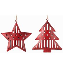 Χριστουγεννιάτικα Μεταλλικά Κόκκινα Στολίδια, Έλατο και Αστέρι - 2 Σχέδια (11cm)