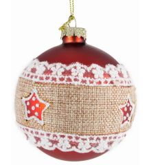 Χριστουγεννιάτικη Γυάλινη Κόκκινη Μπάλα, με Λινάτσα (8cm)