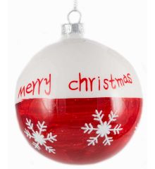 Χριστουγεννιάτικη Μπάλα Γυάλινη Κόκκινη - Λευκή με Ευχή και Χιονονιφάδες (8cm)