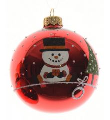 Χριστουγεννιάτικη Γυάλινη Παιδική Μπάλα Δέντρου, Κόκκινη με Χιονάνθρωπο - 8cm