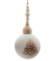 Χριστουγεννιάτικη Γυάλινη Μπάλα Δέντρου Λευκή, με Χρυσό Δεντράκι και Ξύλινο Καπάκι - 10cm