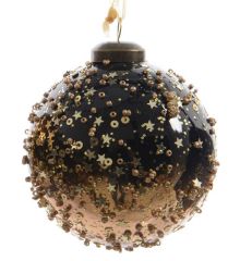 Χριστουγεννιάτικη Γυάλινη Μπάλα Δέντρου Μαύρη, Διακοσμημένη με Αστεράκια και Χάντρες - 8cm