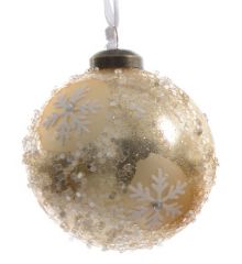 Χριστουγεννιάτικη Γυάλινη Μπάλα Δέντρου Χρυσή, με Λευκές Χιονονιφάδες - 8cm
