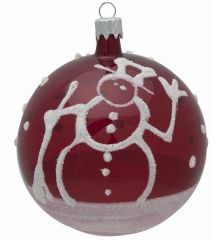 Χριστουγεννιάτικη Χειροποίητη Μπάλα Κόκκινη Γυάλινη με Χιονάνθρωπο, 12εκ