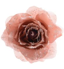 Χριστουγεννιάτικο Διακοσμητικό Λουλούδι Τριαντάφυλλο με Κλιπ, Ροζ με Στρας - 14εκ