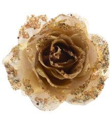 Χριστουγεννιάτικο Διακοσμητικό Λουλούδι Τριαντάφυλλο με Κλιπ, Χρυσό με Στρας (14cm)