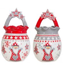 Χριστουγεννιάτικες Λευκές Κεραμικές Μπισκοτιέρες με Γκρι και Κόκκινο Καπάκι και Αστεράκια, 32cm (2 σχέδια) - 1 Τεμάχιο