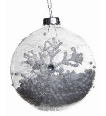 Χριστουγεννιάτικη Γυάλινη Διάφανη Μπάλα με Χιονονιφάδα, Διαμάντιί και Χιόνι Εσωτερικά, 8cm