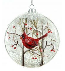 Χριστουγεννιάτικη Γυάλινη Διάφανη μπάλα Χιονισμένη με Κλαδιά και Κόκκινο Πουλάκι στο εσωτερικό