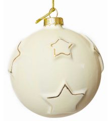 Χριστουγεννιάτικη Γυάλινη Μπεζ Μπάλα, με Ανάγλυφα Αστέρια με Χρυσό Περίγραμμα, 10cm