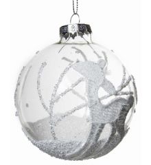 Χριστουγεννιάτικη Μπάλα Γυάλινη Διάφανη με Λευκό Ελαφάκι και Χιόνι (8cm)