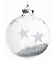 Χριστουγεννιάτικη Γυάλινη Διάφανη Μπάλα, με Αστέρια και Χιόνι στο Εσωτερικό, 8cm