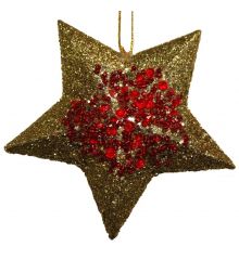 Χριστουγεννιάτικα Χρυσά Κρεμαστά Αστεράκια με Στρας και Κόκκινες Χάντρες Σετ 6 τεμαχίων, 9cm