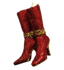 Χριστουγεννιάτικες Πλαστικές Κόκκινες Κρεμαστές Μπότες με Χρυσό και Στρας Σετ 2 τεμαχίων, 11cm