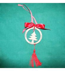 Χριστουγεννιάτικο Ξύλινο Κρεμαστό Γούρι Έλατο με Φιόγκο και Επιγραφές, 20cm
