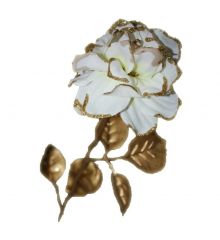 Χριστουγεννιάτικο Λευκό Υφασμάτινο Τριαντάφυλλο με Χρυσό Κλαδί, 57cm