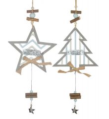 Χριστουγεννιάτικα Ξύλινα Ασημί Στολίδια, με "XMAS" και Κρεμαστό Αστεράκι - 2 Σχέδια (37cm)