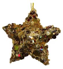 Χριστουγεννιάτικα Χρυσά Κρεμαστά Αστεράκια με Στρας και Πούλιες Σετ 12 τεμαχίων, 7cm