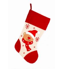 Χριστουγεννιάτικη Κόκκινη και Μπεζ Διακοσμητική Κάλτσα με Αρκουδάκι, 45cm