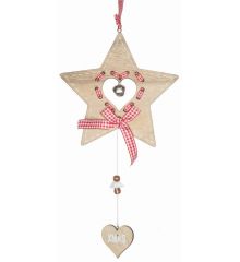 Χριστουγεννιάτικο Ξύλινο Κρεμαστό Αστέρι με Κουδουνάκι και Κρεμαστή Καρδούλα "XMAS" Καφέ (34cm)