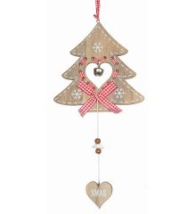 Χριστουγεννιάτικο Ξύλινο Κρεμαστό Έλατο με Κουδουνάκι και Κρεμαστή Καρδούλα "XMAS" Καφέ (34cm)