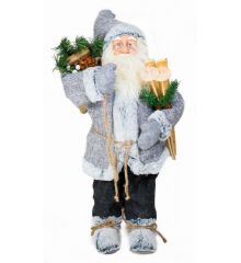 Χριστουγεννιάτικος Γκρι Διακοσμητικός Λούτρινος Άγιος Βασίλης με Σκι και Σάκο, 60cm - 1 Τεμάχιο