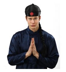 Αποκριάτικο Μαύρο Κινέζικο Καπέλο με Κοτσίδα και Κόκκινο Σύμβολο