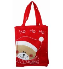 Χριστουγεννιάτικη Κόκκινη Τσόχινη Τσάντα με Αρκουδάκι και Επιγραφή "Ho Ho Ho", 28cm