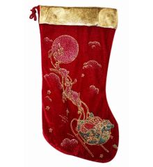 Χριστουγεννιάτικη Βελούδινη Κόκκινη Κάλτσα με Έλκηθρο από Στρας, 30cm