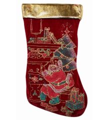 Χριστουγεννιάτικη Βελούδινη Κόκκινη Κάλτσα, με Άγιο Βασίλη από Στρας (30cm)