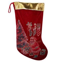 Χριστουγεννιάτικη Βελούδινη Κόκκινη Κάλτσα, με Έλατο και Άγιο Βασίλη από Στρας (40cm)