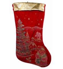 Χριστουγεννιάτικη Βελούδινη Κόκκινη Κάλτσα, με Έλατο και Χιονάνθρωπο από Στρας (30cm)