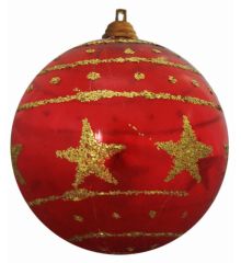 Χριστουγεννιάτικη Κόκκινη Πλαστικη Μπάλα με Χρυσά Αστεράκια, 10cm