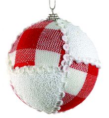 Χριστουγεννιάτικη Λευκή - Κόκκινη Μπάλα Καρό με Πλεχτό (10cm)