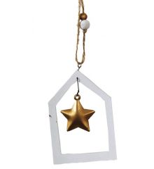 Χριστουγεννιάτικο Στολίδι Ξύλινο Σπιτάκι Λευκό, με Χρυσό Αστεράκι και Χάντρες (20cm)