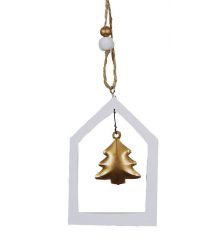 Χριστουγεννιάτικο Στολίδι Ξύλινο Σπιτάκι Λευκό, με Χρυσό Δεντράκι και Χάντρες (20cm)