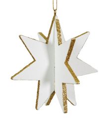 Χριστουγεννιάτικο Κρεμαστό Ξύλινο Αστέρι 3D, Λευκό με Χρυσό (10cm)