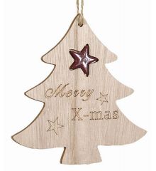 Χριστουγεννιάτικο Ξύλινο Μπεζ Δεντράκι με Επιγραφή και Μικρό Αστεράκι Μωβ (11cm)