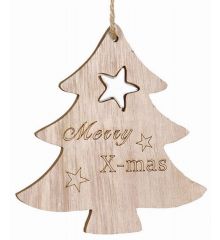 Χριστουγεννιάτικο Ξύλινο Μπεζ Δεντράκι με Επιγραφή και Μικρό Αστεράκι (11cm)