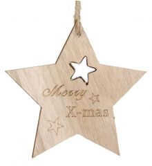 Χριστουγεννιάτικο Ξύλινο Μπεζ Αστεράκι με Επιγραφή και Μικρό Αστεράκι (12cm)