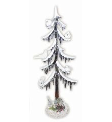 Χριστουγεννιάτικο Γυάλινο Διακοσμητικό Δεντράκι Διακοσμημένο με Χιόνι, Πουλάκια και Λουλουδάκια, 46cm - 1 Τεμάχιο