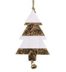 Χριστουγεννιάτικο Ξύλινο Στολίδι, Δίχρωμο Διακοσμημένο Έλατο με Κουδουνάκι (11cm)