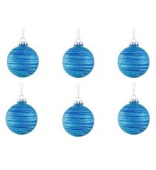Χριστουγεννιάτικες Πλαστικές Μπλε Μπάλες, με Γραμμές - Σετ 6 τεμ. (8cm)