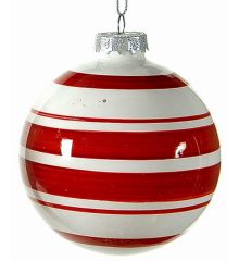 Χριστουγεννιάτικη Γυάλινη Μπάλα Λευκή, με Κόκκινες Ρίγες (10cm)